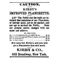 An 1868 Kirby Ad showing their wide array of planchettes and warning customers of imitators, of which there were many.  